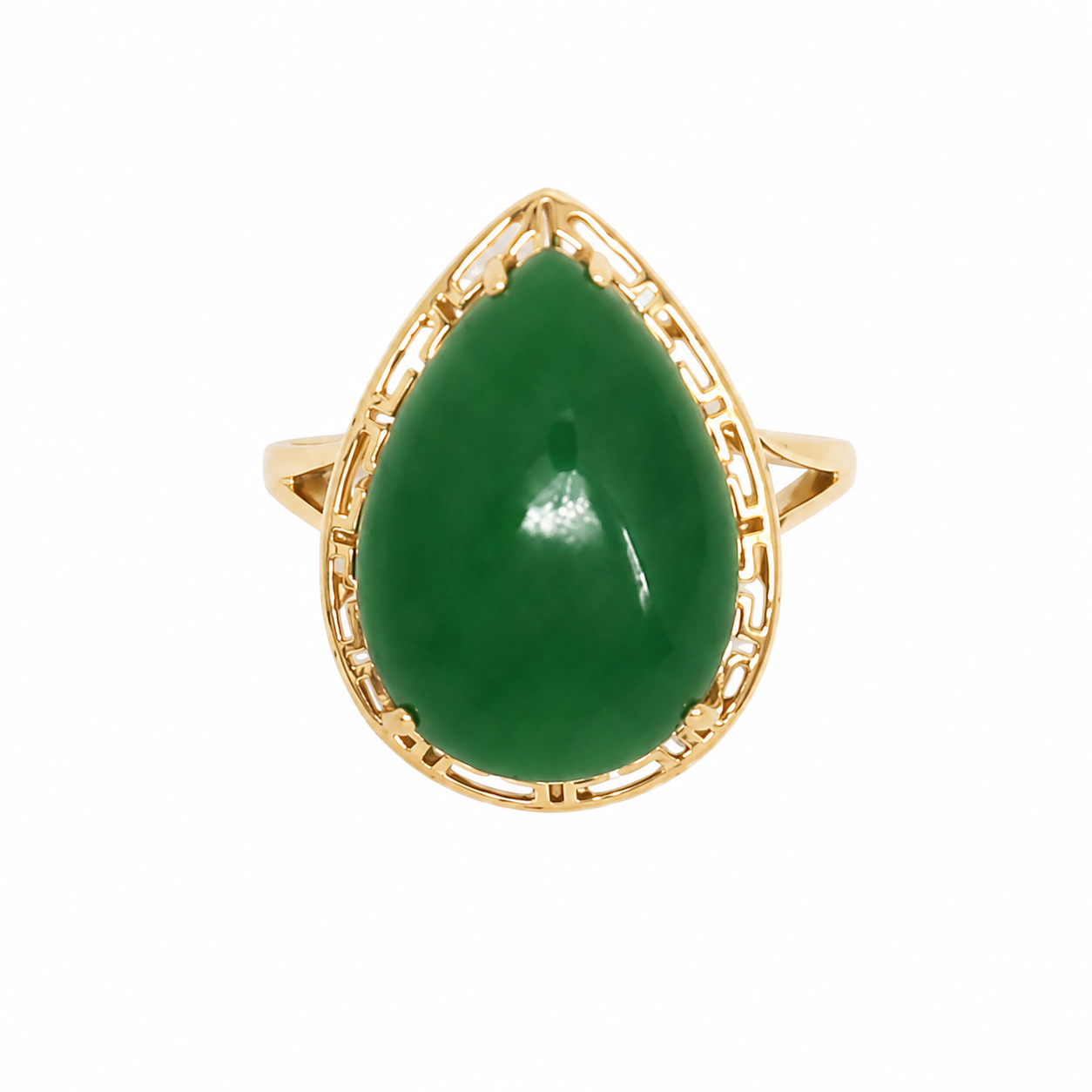 14K Pear-Shaped Jade Ring (Greek Key)