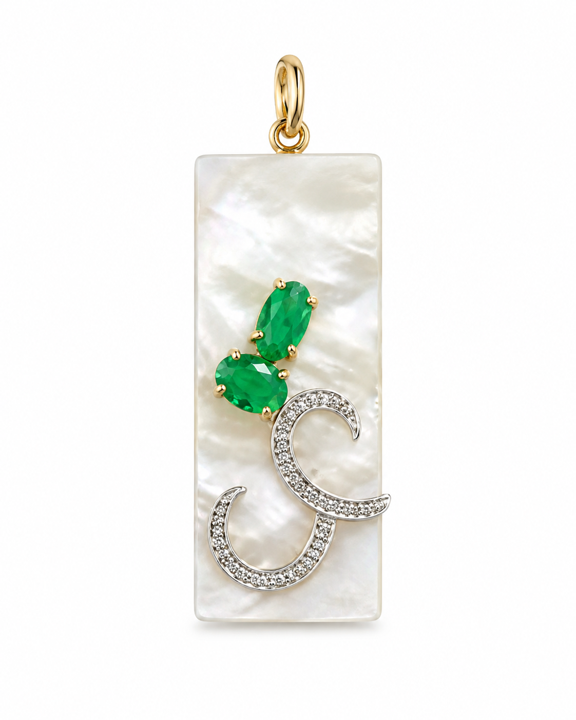 14K Mother of Pearl Emerald Crescent Pendant