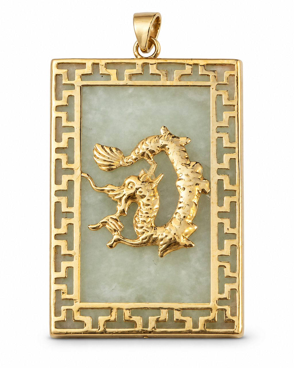 14K Gold Medium Jade Rectangular Dragon Pendant