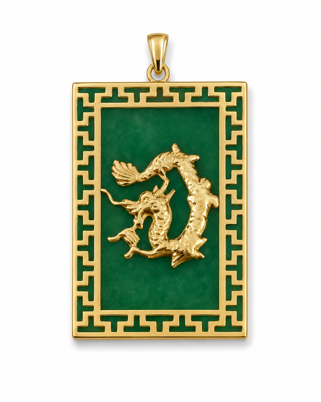 14K Gold Medium Jade Rectangular Dragon Pendant