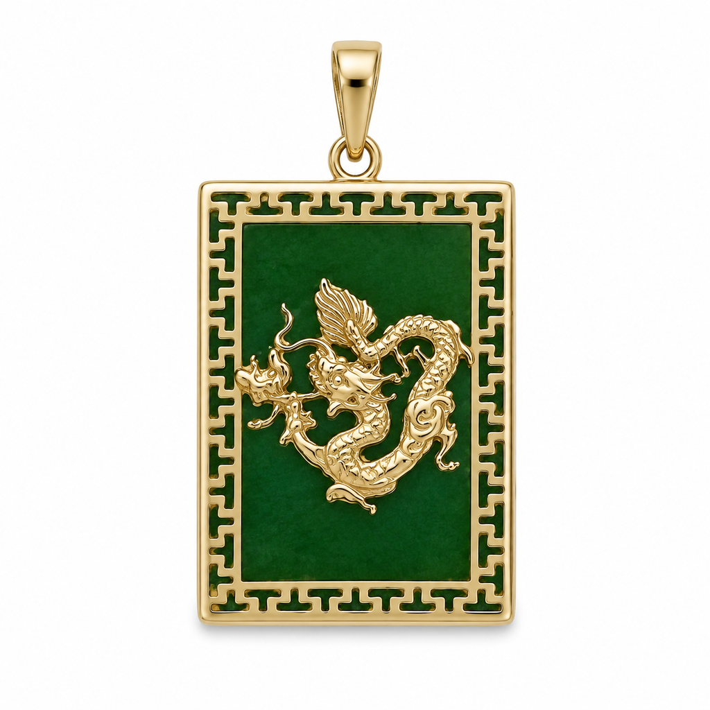 14K Gold Large Jade Rectangular Dragon Pendant