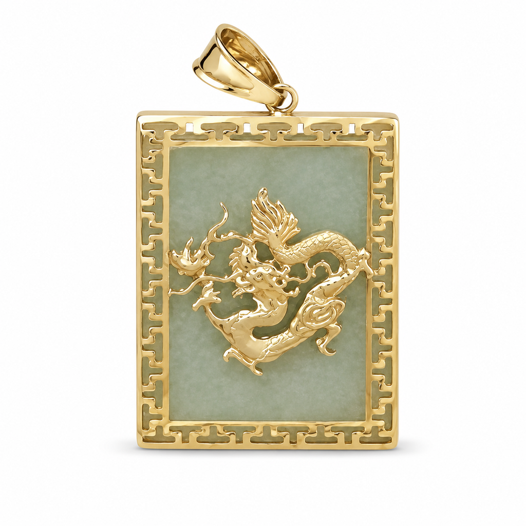 14K Gold Large Jade Rectangular Dragon Pendant