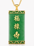 14K Gold Jade 3 Character Large Good Luck Pendant