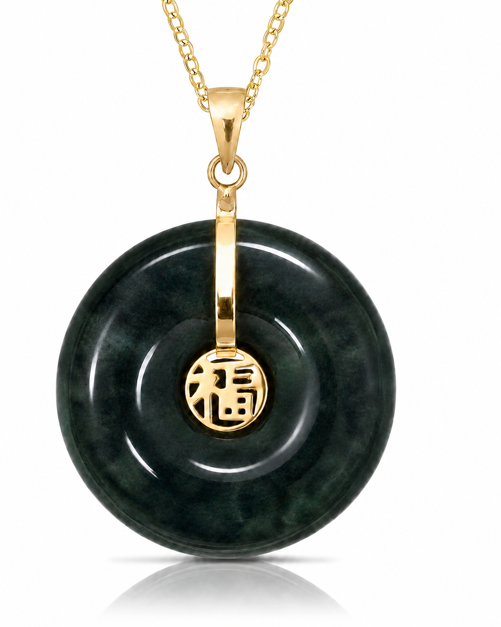 14K Gold Small Jade Round Donut Good Luck Pendant