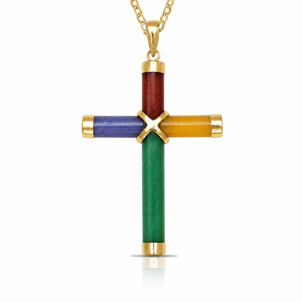14K Gold Small Jade Cross Pendant