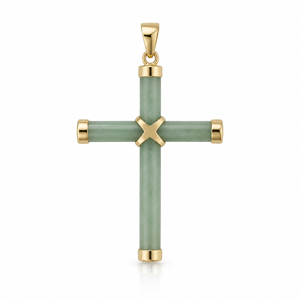 14K Gold Small Jade Cross Pendant