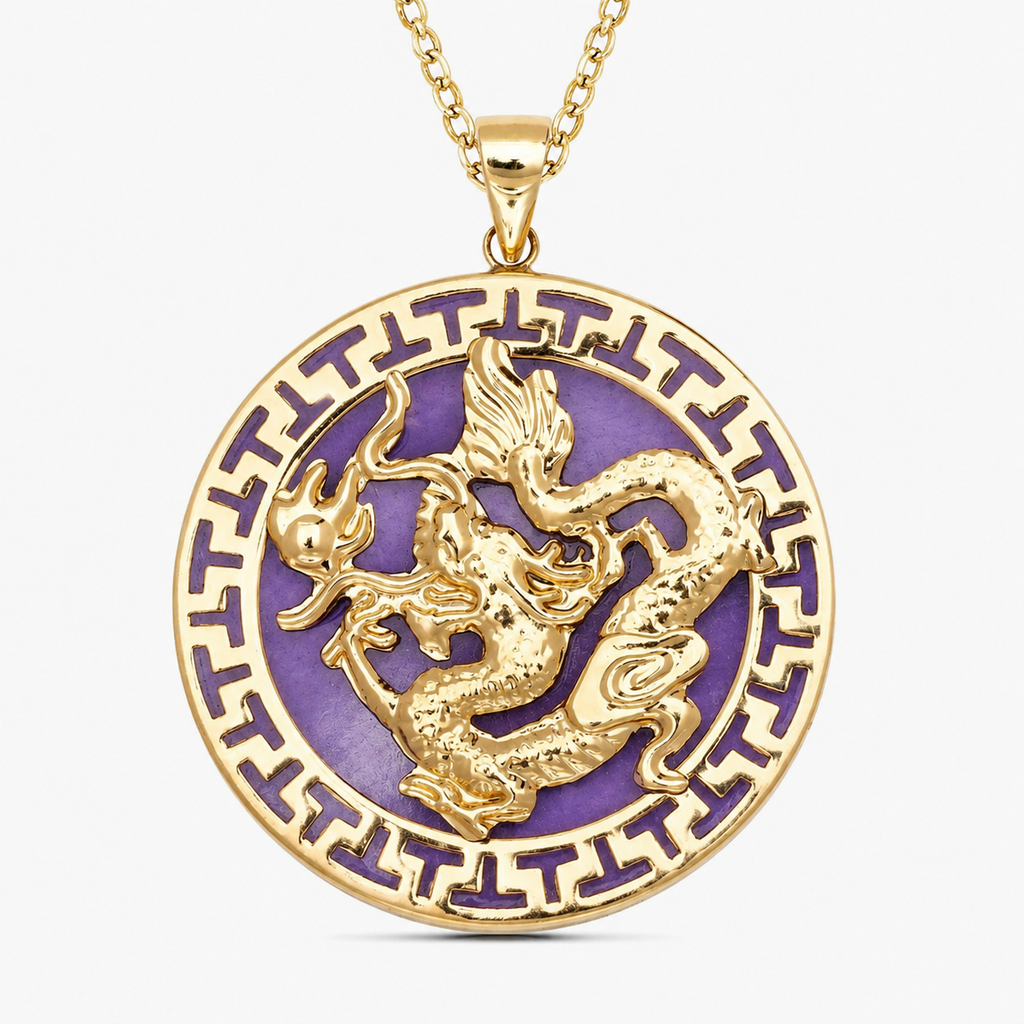 14K Gold Round Dragon Pendant (Greek Key)