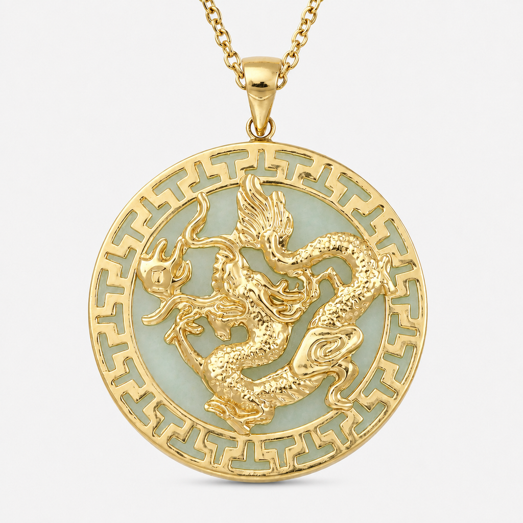 14K Gold Round Dragon Pendant (Greek Key)