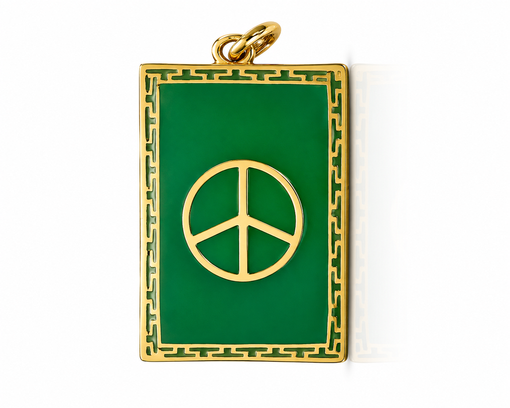 14K Gold Rectangle Greek Key Peace Sign Pendant