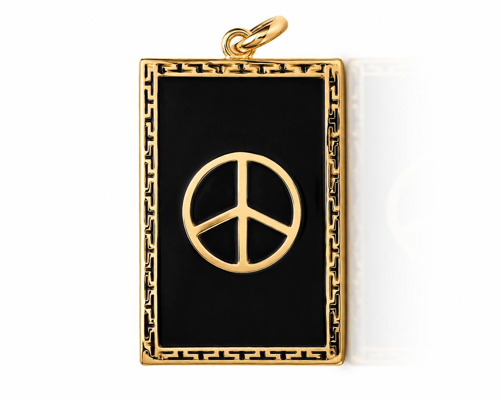 14K Gold Rectangle Greek Key Peace Sign Pendant