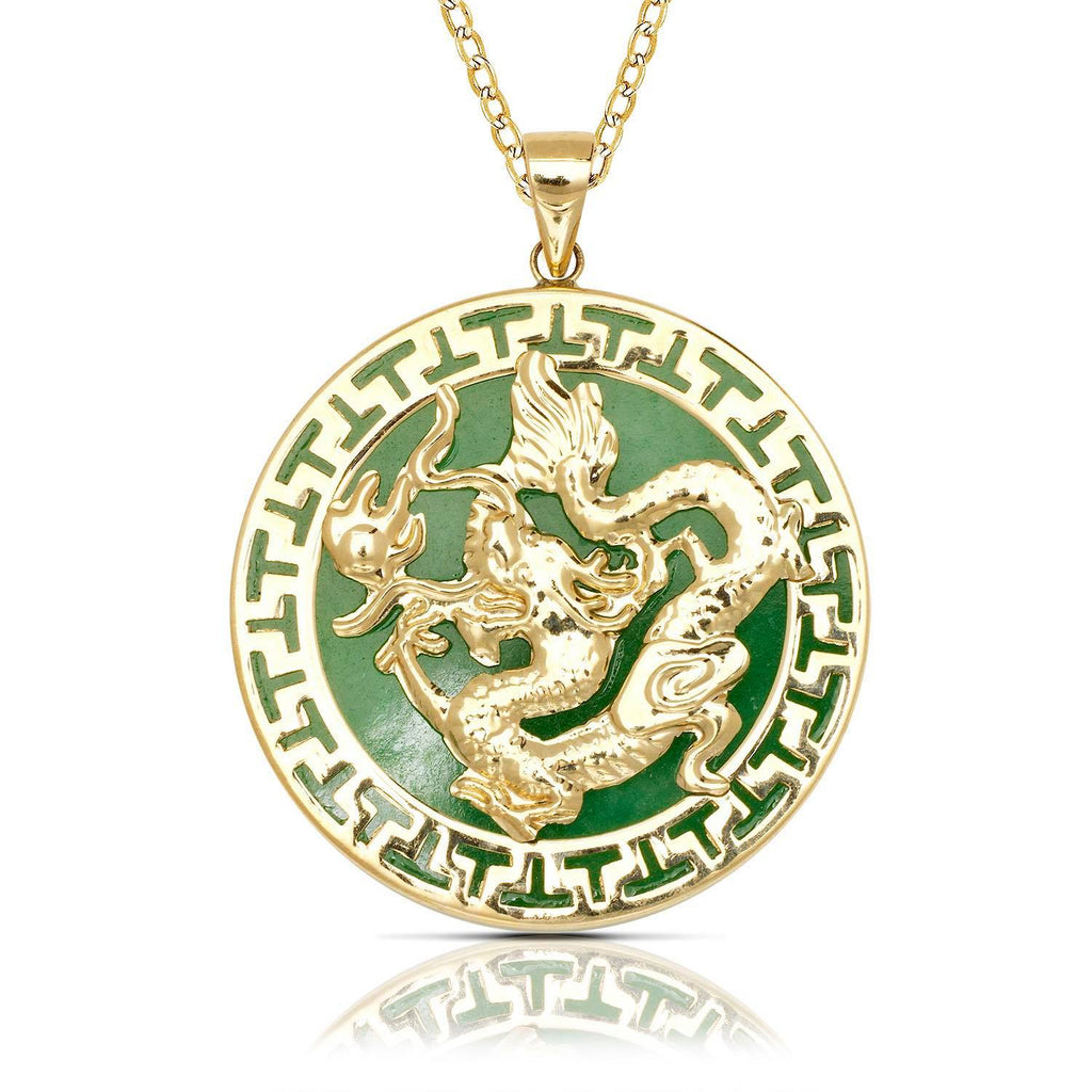 14K Gold Round Dragon Pendant (Greek Key)