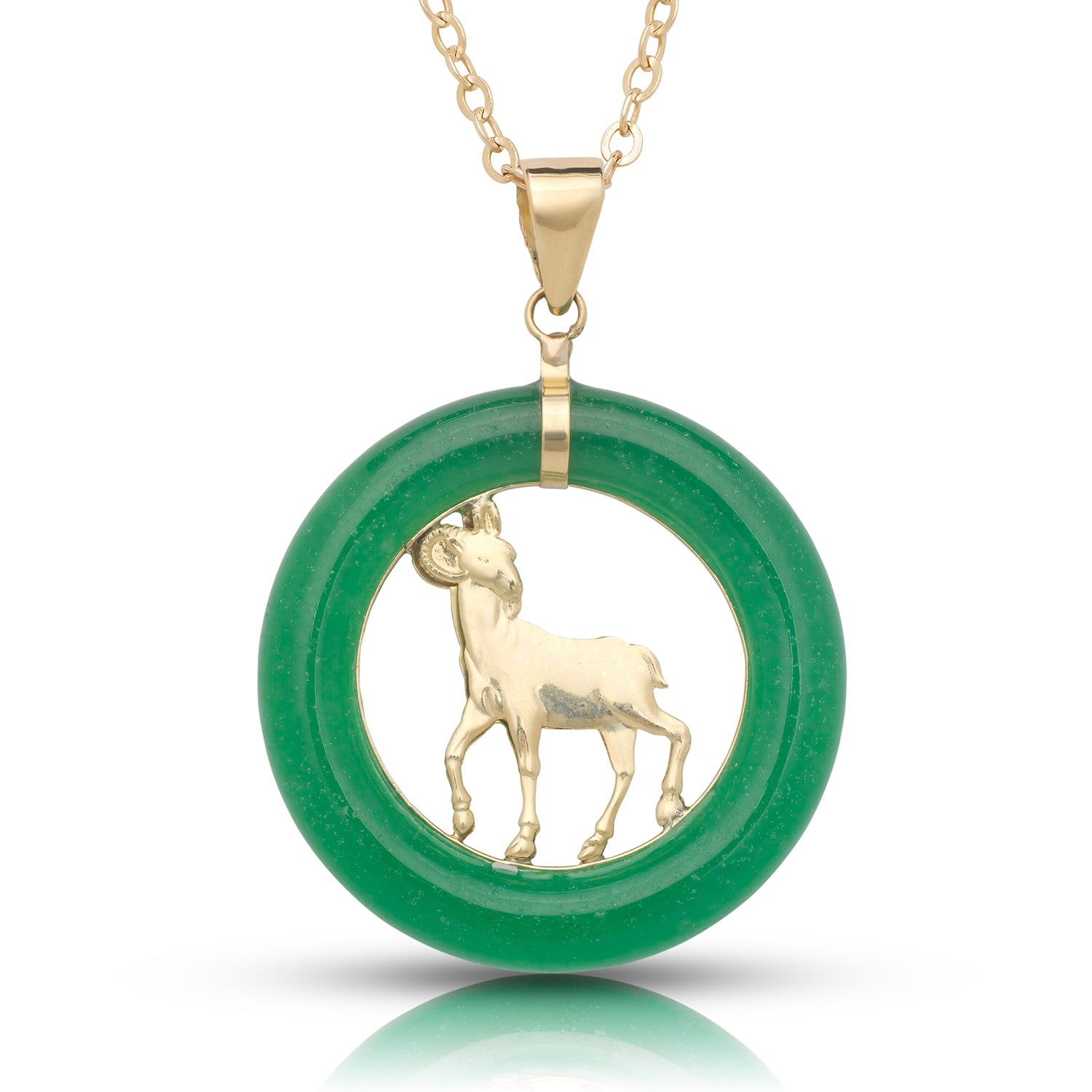 14K Gold Jade Round Ram Pendant