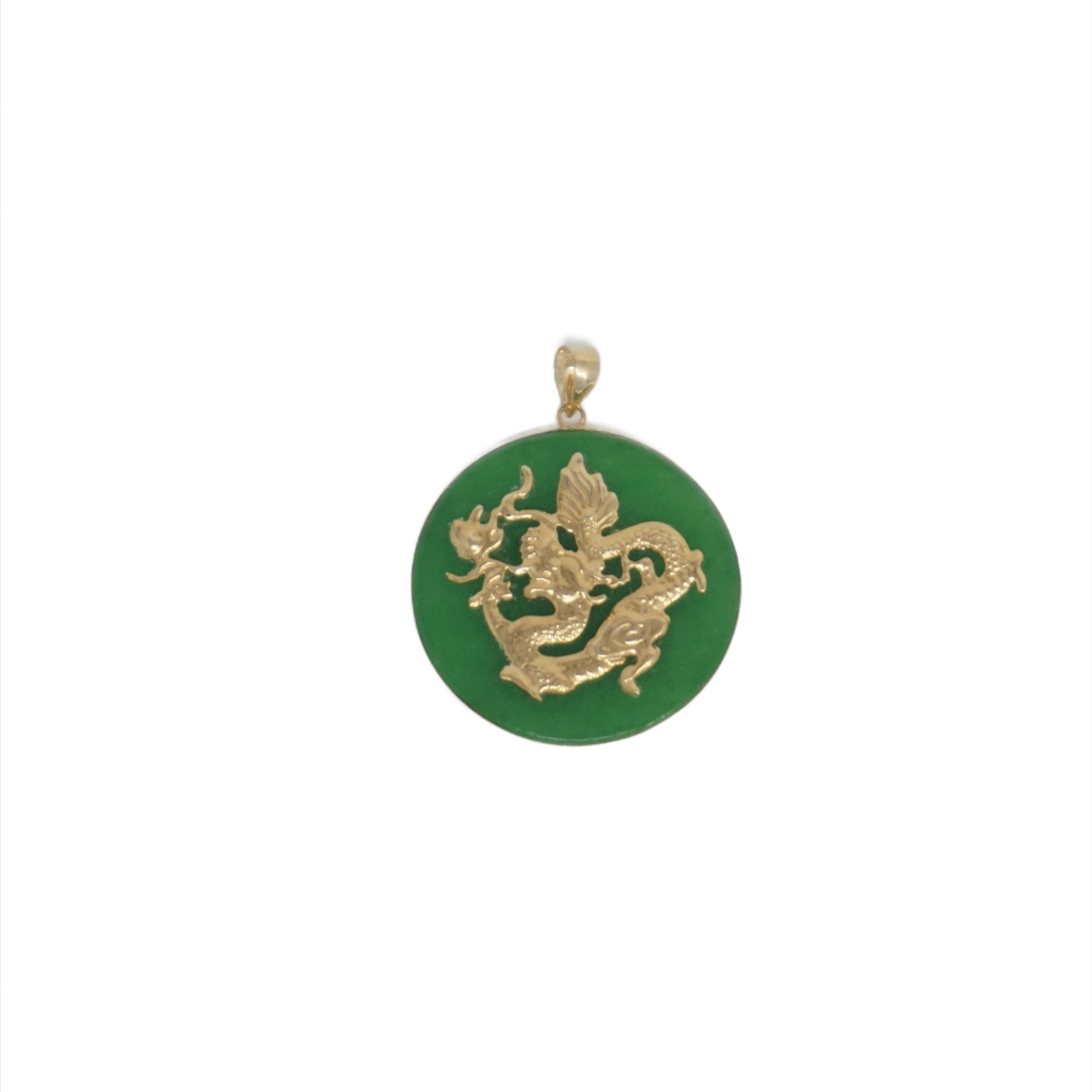 14K Gold Round Jade Dragon Pendant