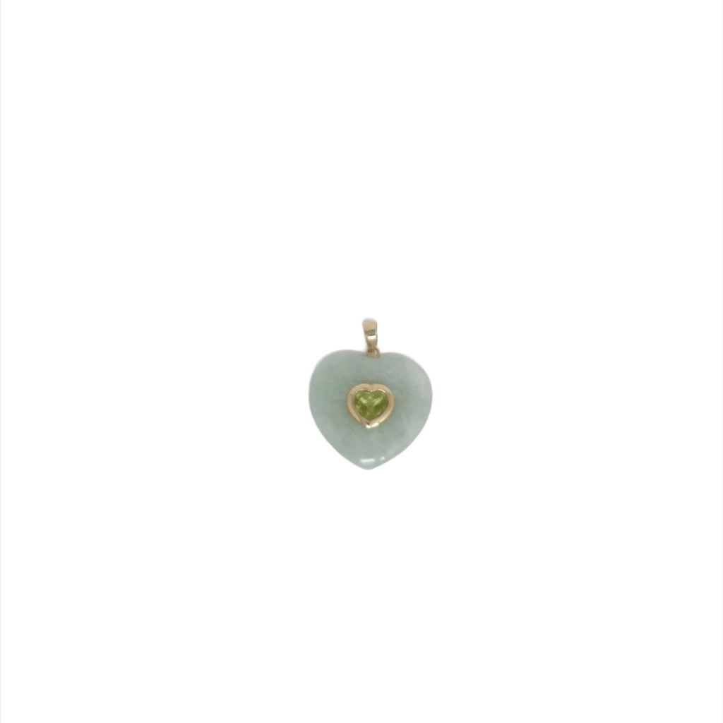 14K Gold Jade Heart Pendant With Middle Stone