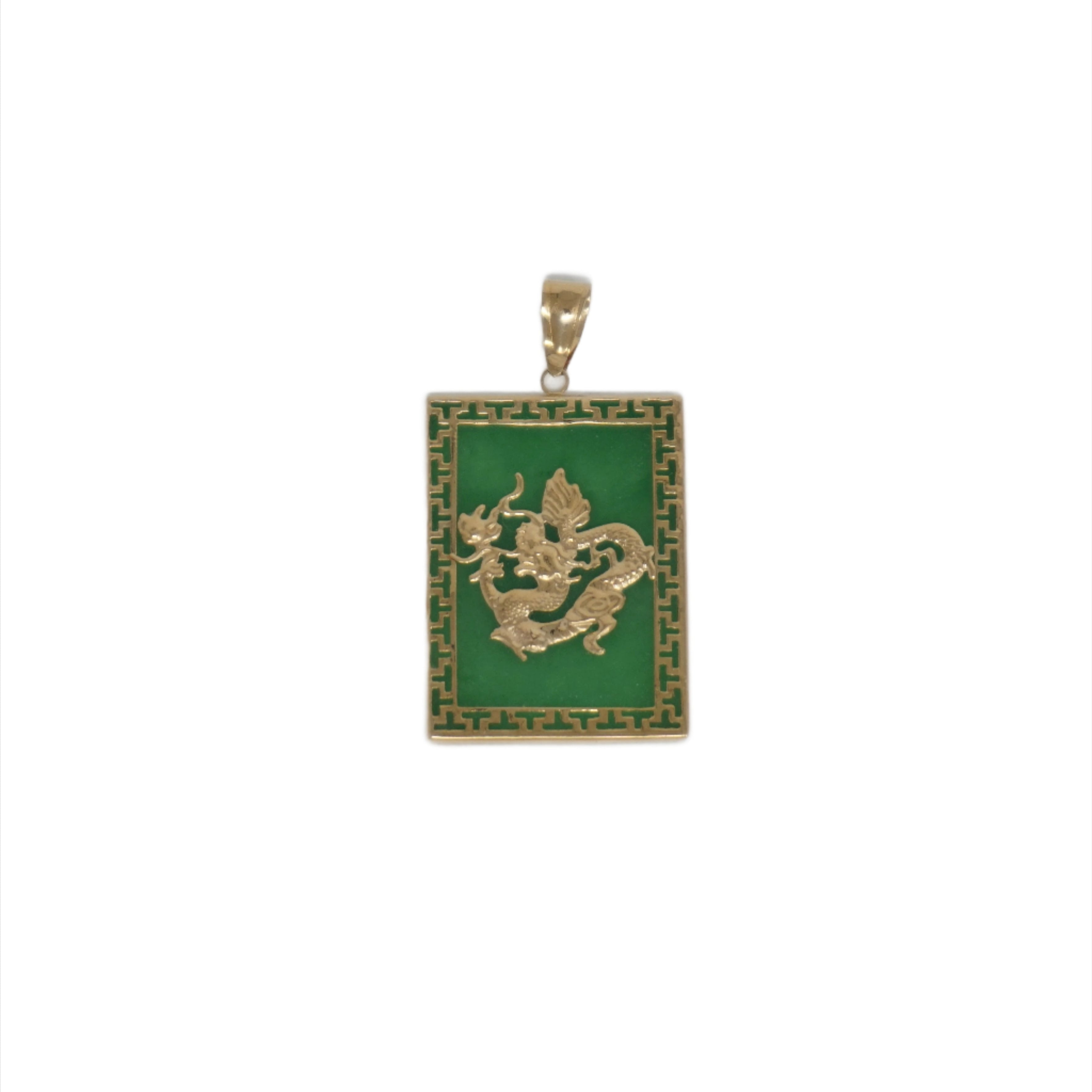 14K Gold Large Jade Rectangular Dragon Pendant