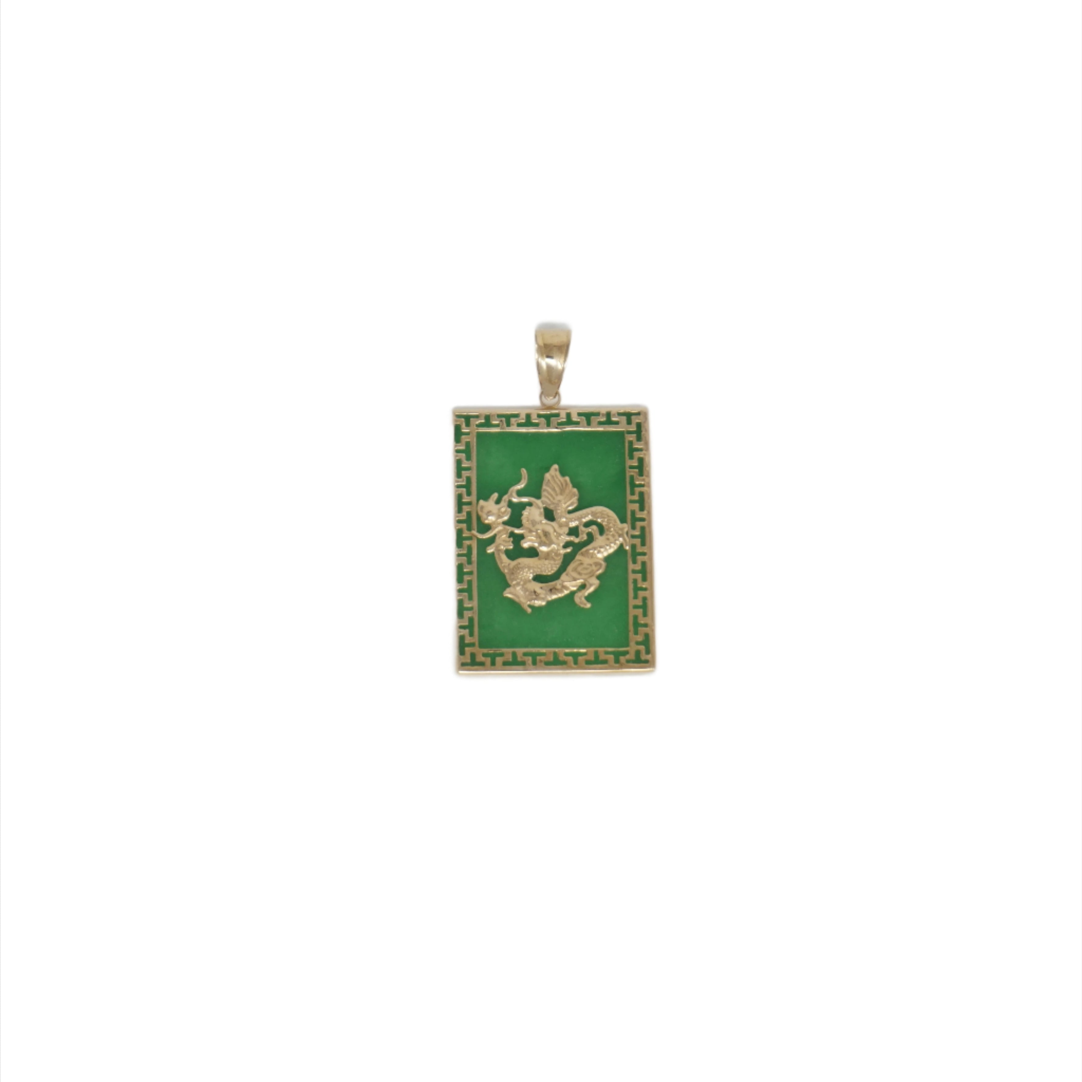 14K Gold Medium Jade Rectangular Dragon Pendant