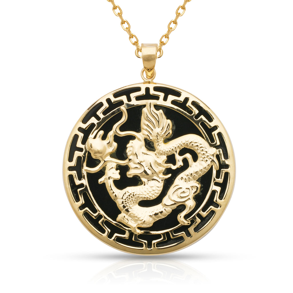 14K Gold Round Dragon Pendant (Greek Key)