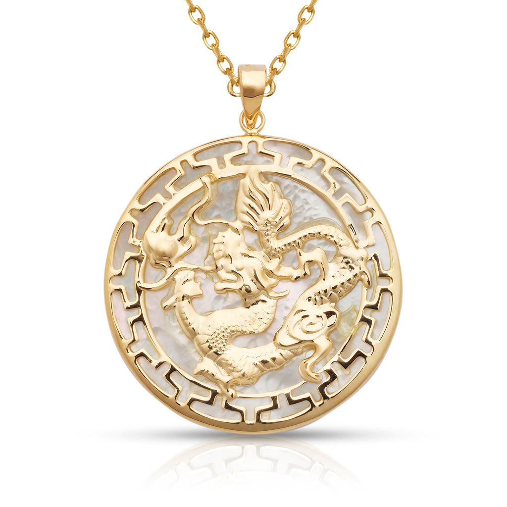 14K Gold Round Dragon Pendant (Greek Key)