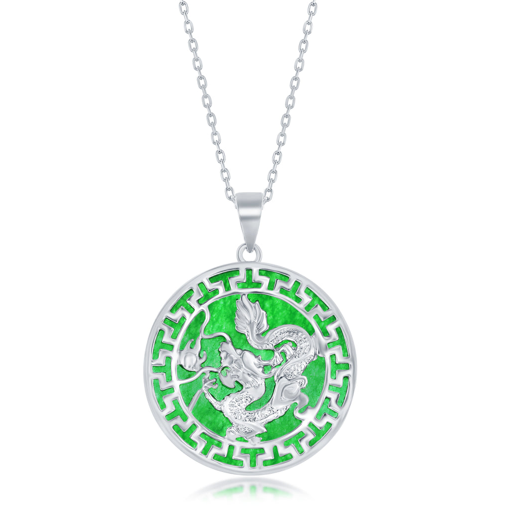 Sterling Silver Round Jade Dragon Greek Key Pendant