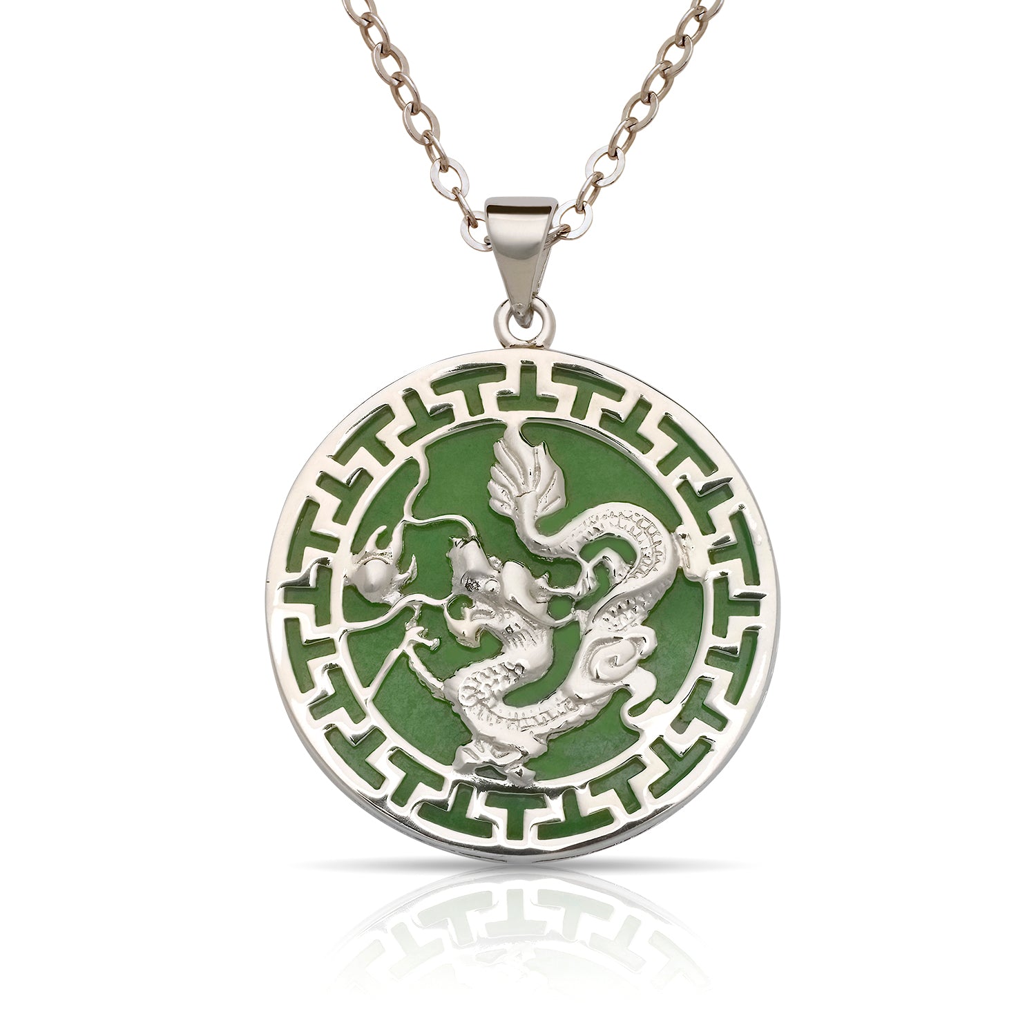 Sterling Silver Round Jade Dragon Greek Key Pendant