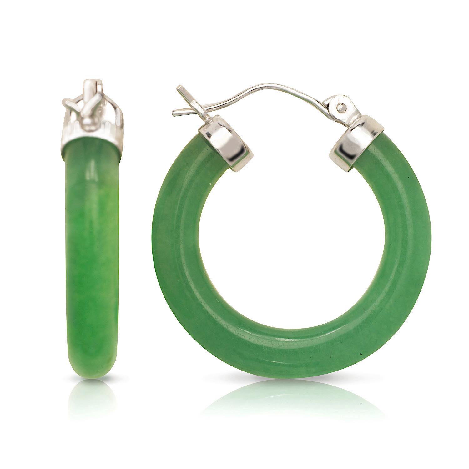 Sterling Silver Jade Hoop Earrings (25mm)