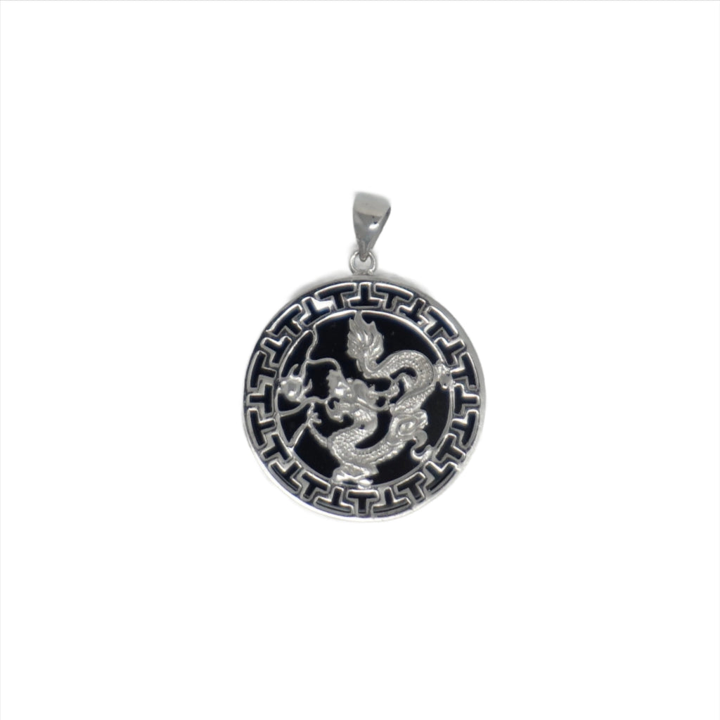 Sterling Silver Round Jade Dragon Greek Key Pendant