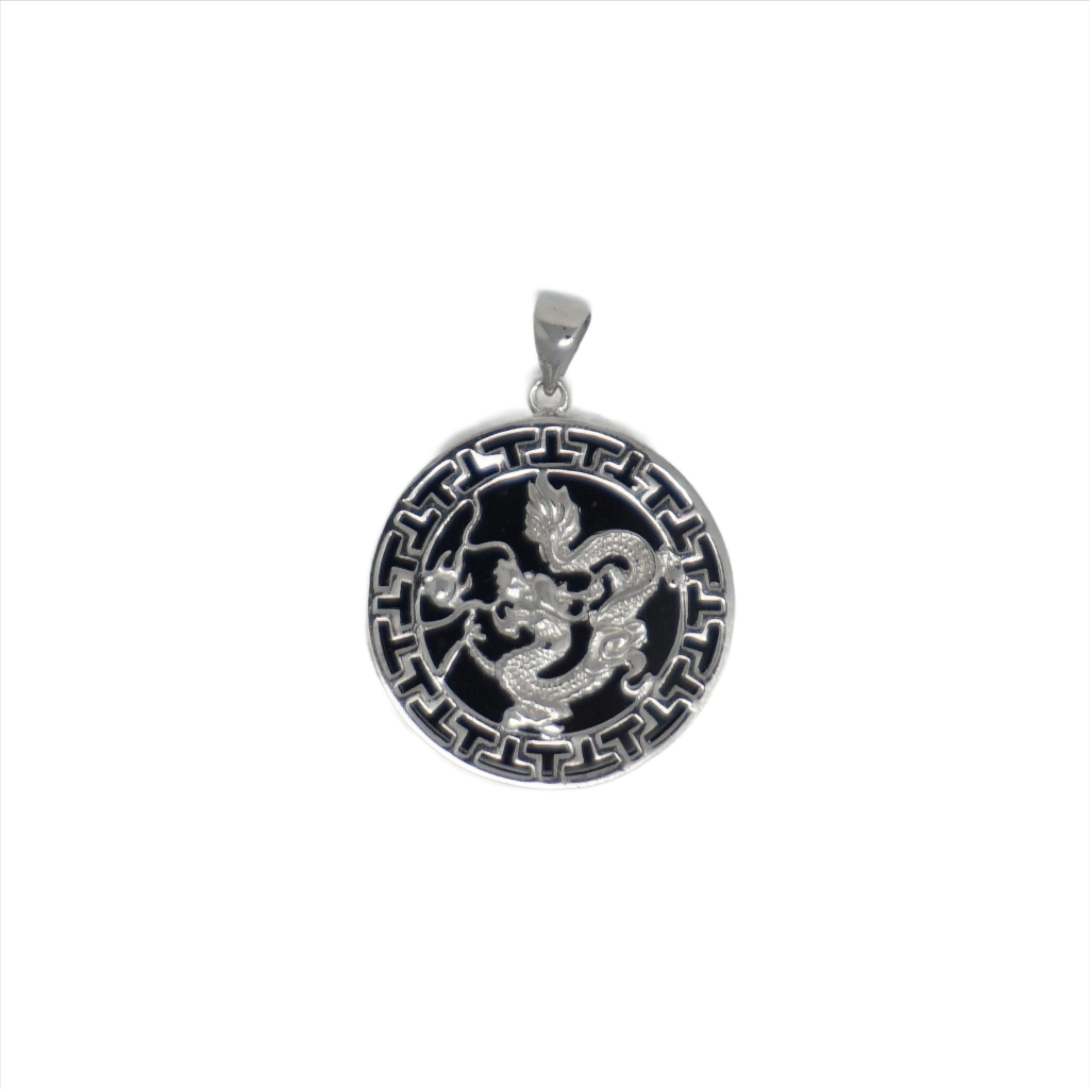 Sterling Silver Round Jade Dragon Greek Key Pendant