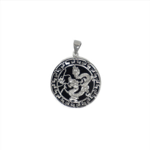 Sterling Silver Round Dragon Greek Key Pendant