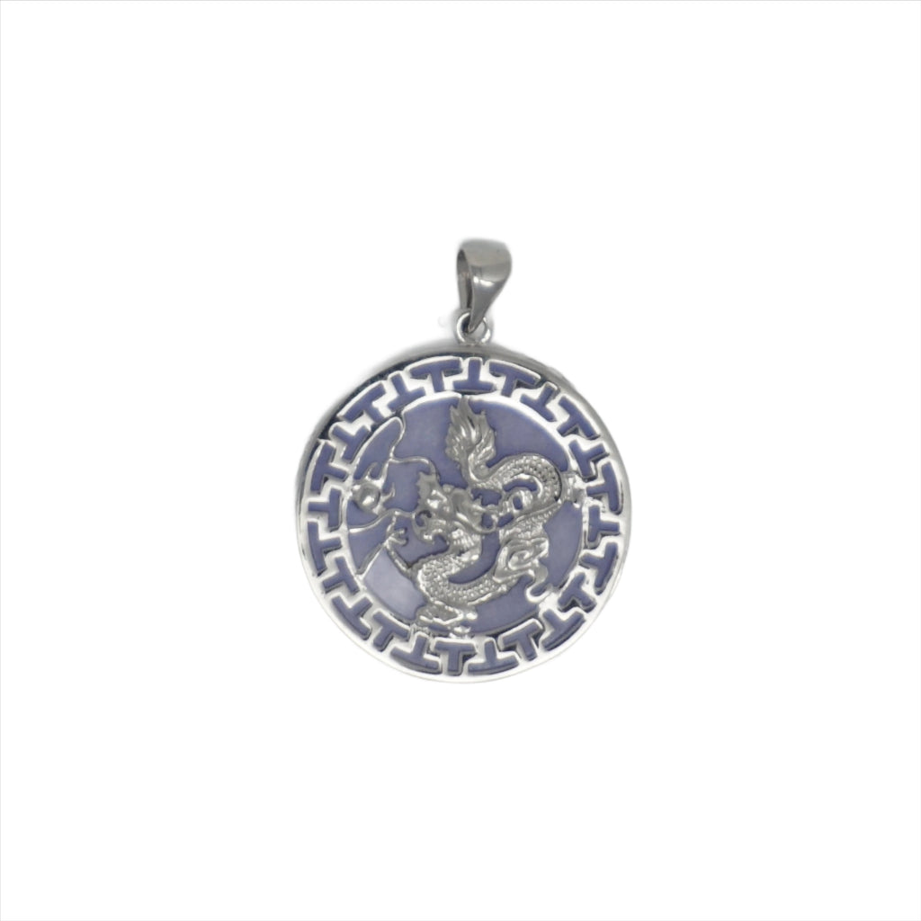 Sterling Silver Round Jade Dragon Greek Key Pendant