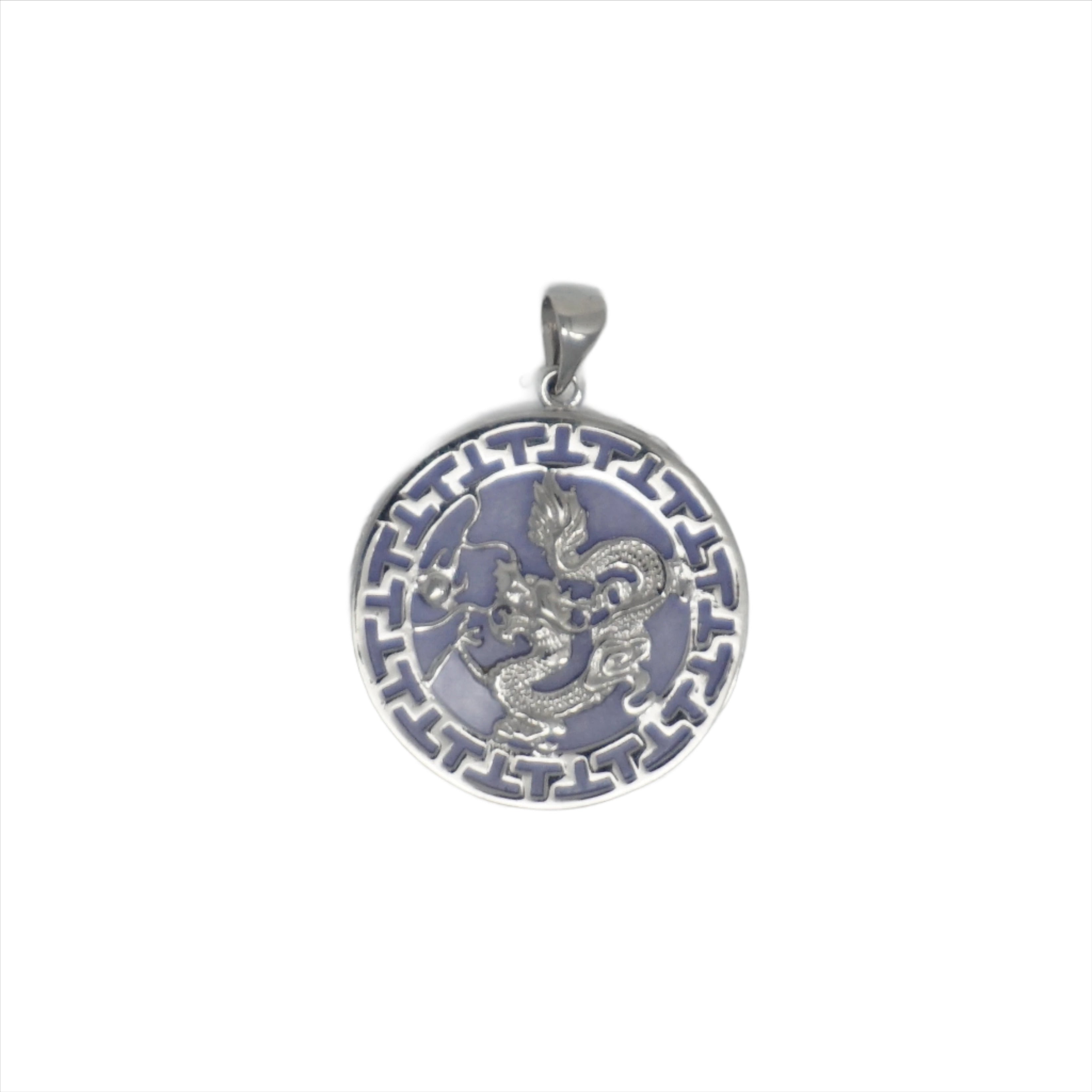 Sterling Silver Round Jade Dragon Greek Key Pendant