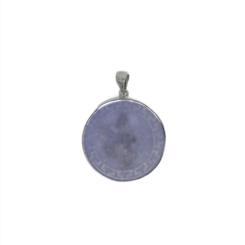 Sterling Silver Round Jade Dragon Greek Key Pendant