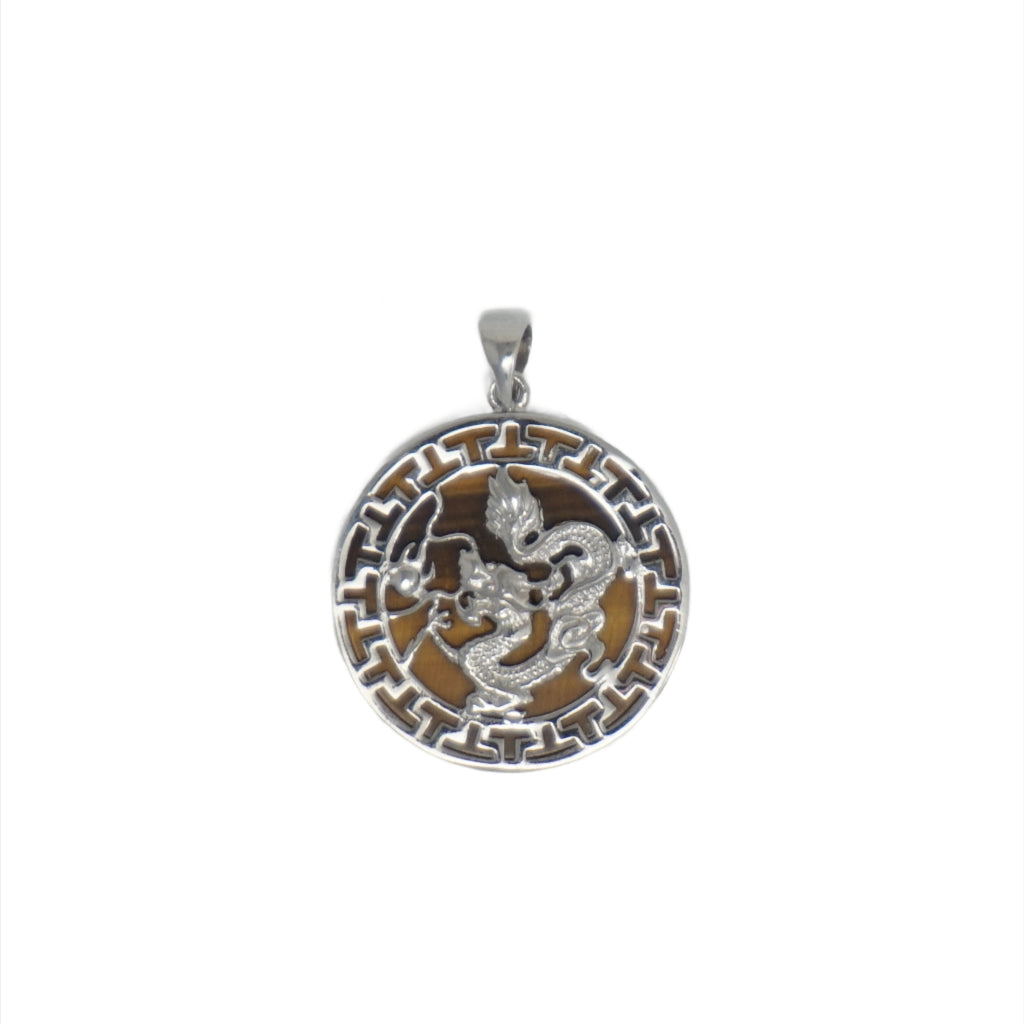 Sterling Silver Round Jade Dragon Greek Key Pendant